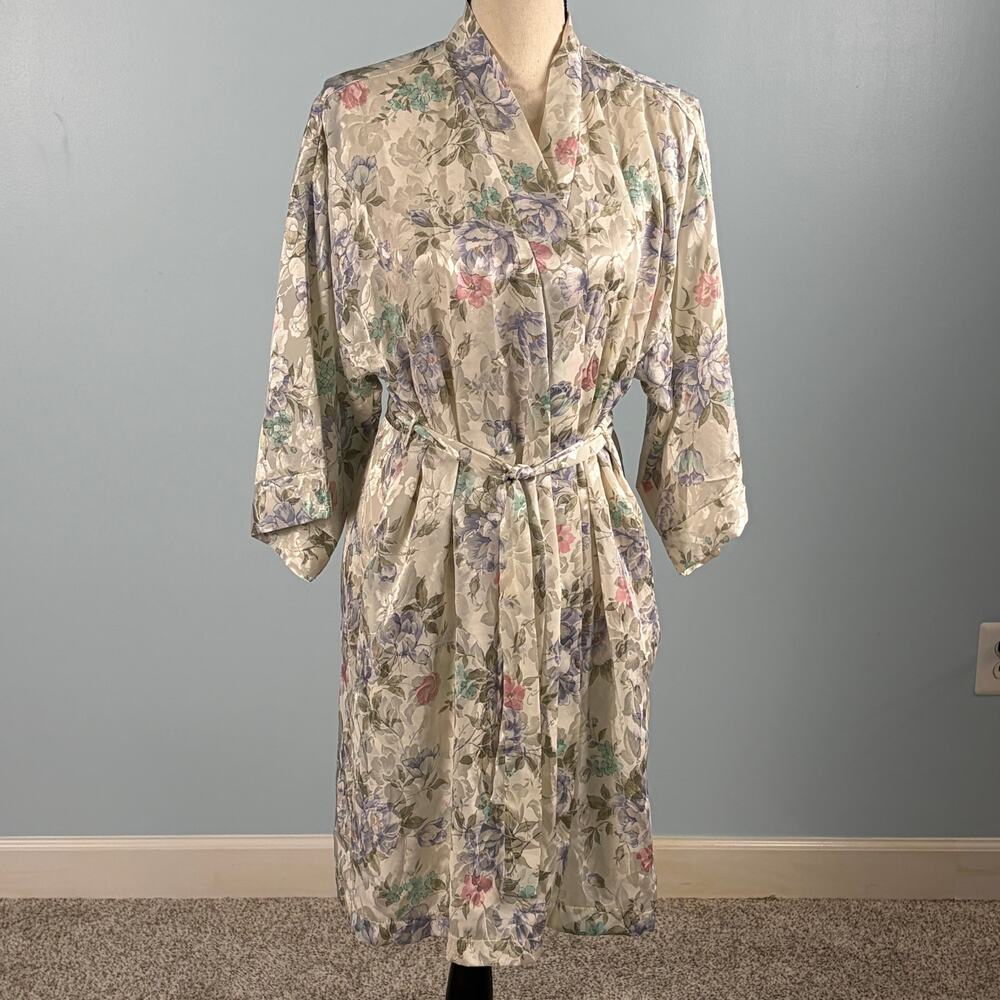 Vintage Dentelle Floral Satin Robe Medium Belted Cottagecore Housect Lounge Robe